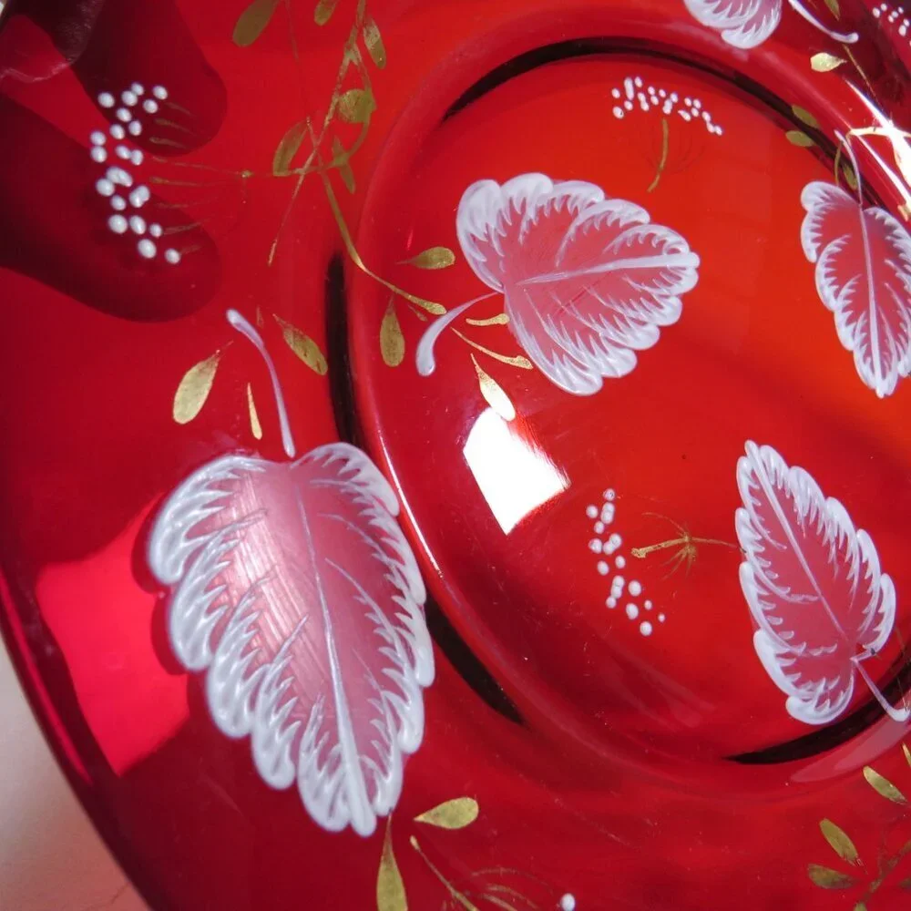 Ruby Red Thick Glass Plate with White Leaves & Gold Accents